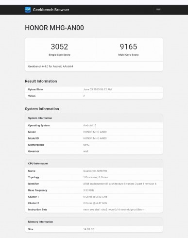 Honor Magic V5 (MHG-AN00) результаты Geekbench 6.4.0