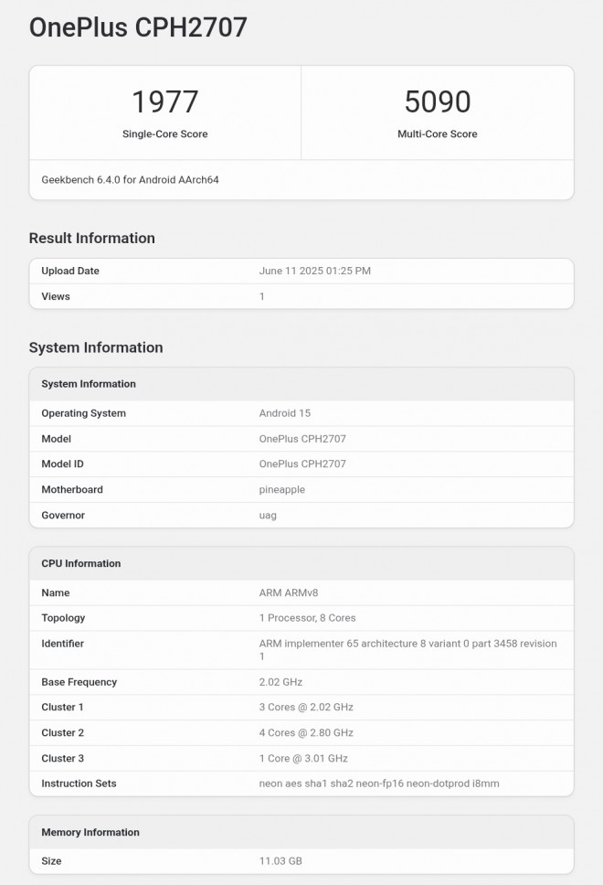 OnePlus Nord 5 (CPH2707) на Geekbench