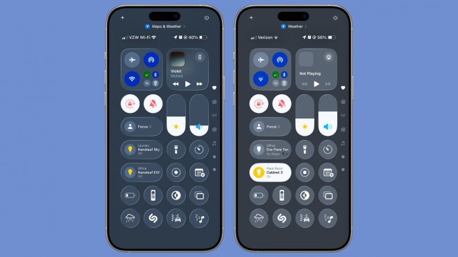 iOS 26 Reduce Transparency in Control Center (iOS 26 beta 1 on left, beta 2 on right)